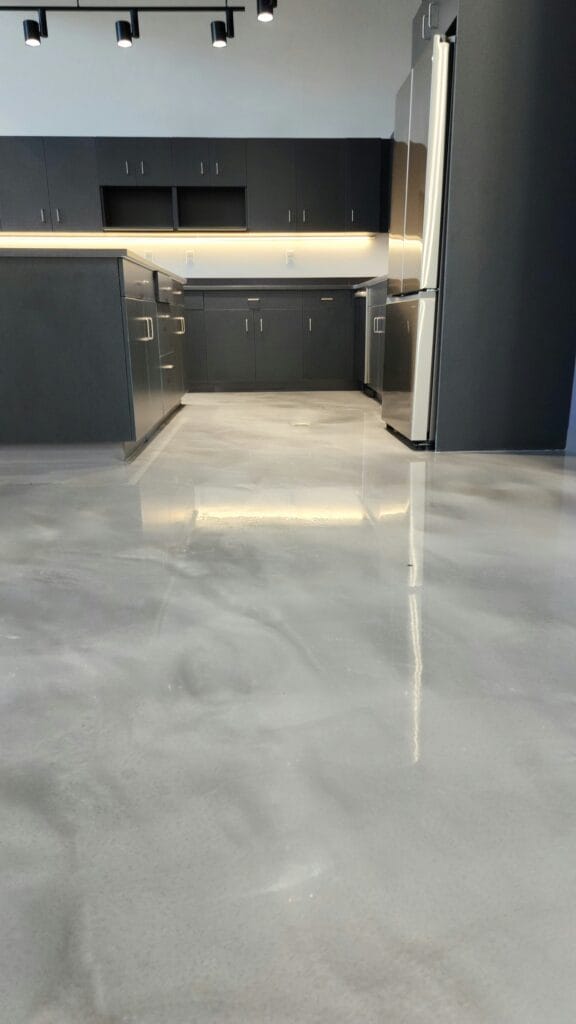 epoxy metallic floor installed in kitchen and common area in newly developed commercial space