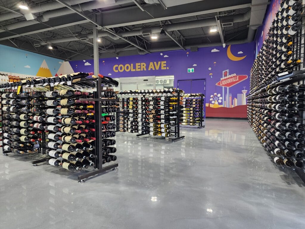 Polyaspartic floor coating in a Calgary retail liquor store – quick-curing and chemical-resistant.
