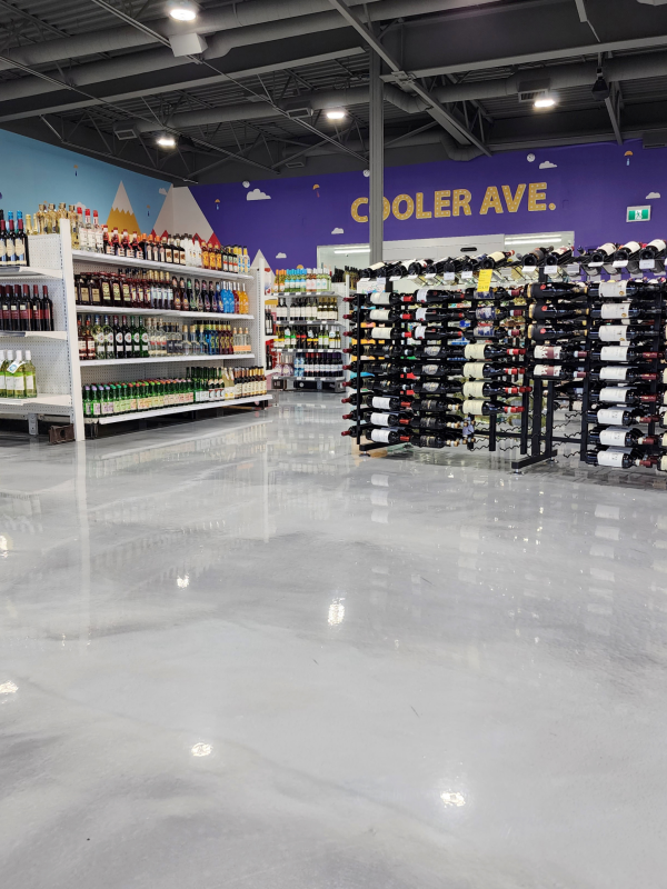 Metallic epoxy floor coating for Calgary liquor store.